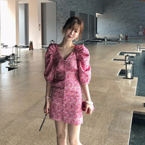 2021 summer dress new womens plus size rouje floral bubble sleeve skirt Hepburn style salty sweet dress