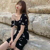 2021 summer new womens plus size black waist thin temperament skirt sexy floral shoulder dress