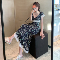 2020 Summer new womens plus size black floral skirt waist long skirt gentle wind temperament dress