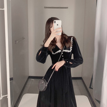 Early autumn corduroy black egg first love A- line dress son French court very fairy dress temperament goddess clothes