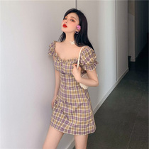 2020 summer dress new womens large size plaid bubble sleeve skirt temperament goddess fan dress summer dress