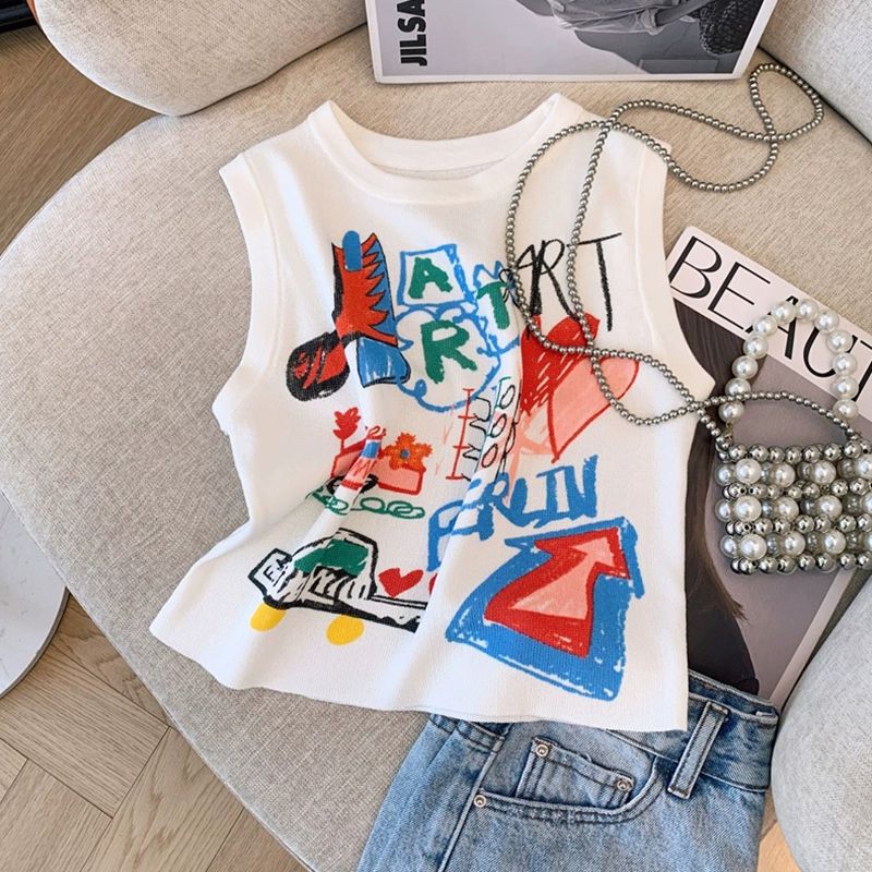 Graffiti Print Racerback Tank Top for Women, Summer Gray, Age-Reducing, Versatile, Sleeveless, Short-Sleeve, Designer Niche Top ins