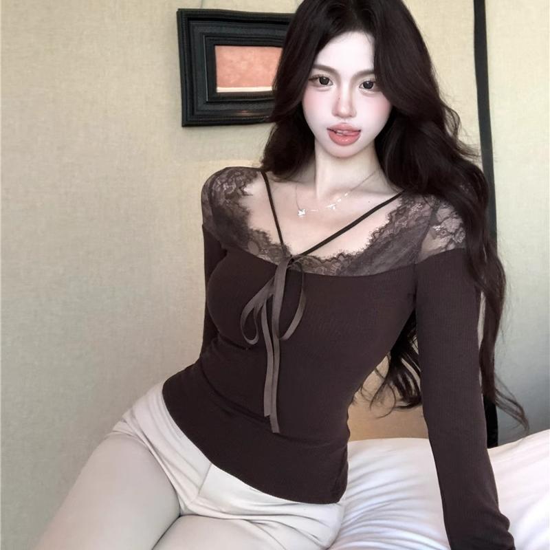 Lace Patchwork Lace-Up Long-Sleeve T-Shirt for Women, Winter Waist-Cinching Slim-Fit Inner Layer, Pure and Slimming Short Base Shirt Top