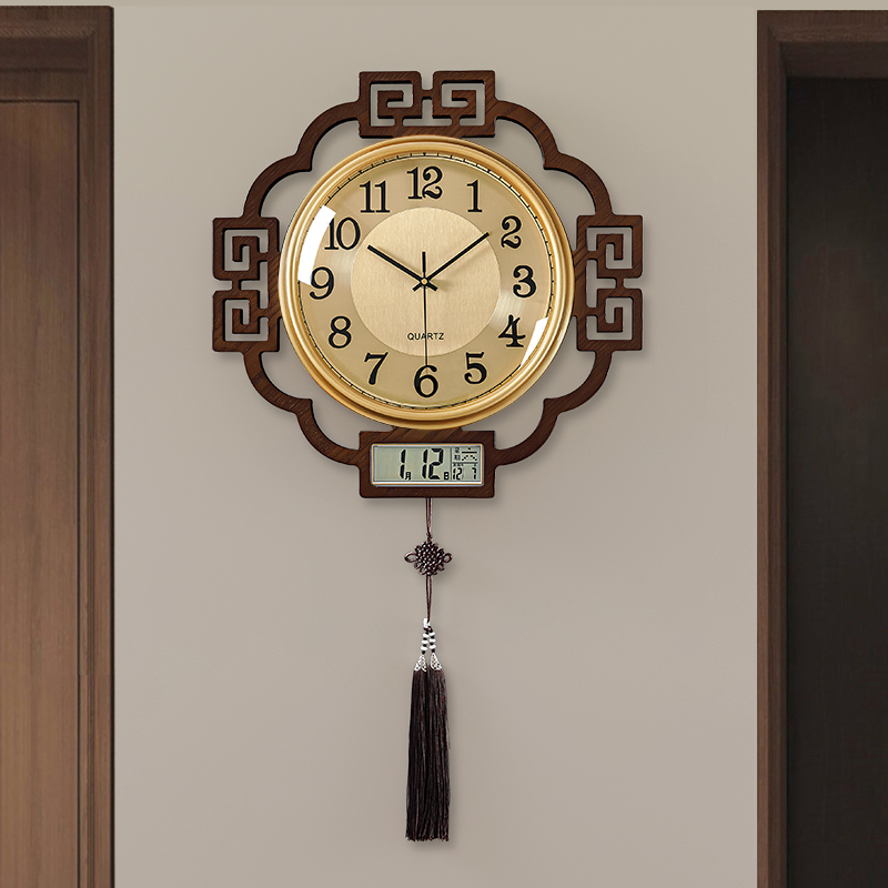 2023 new perpetual calendar New Chinese style hanging bell household living room fashion wooded muted hanging wall China wind clock clock-Taobao