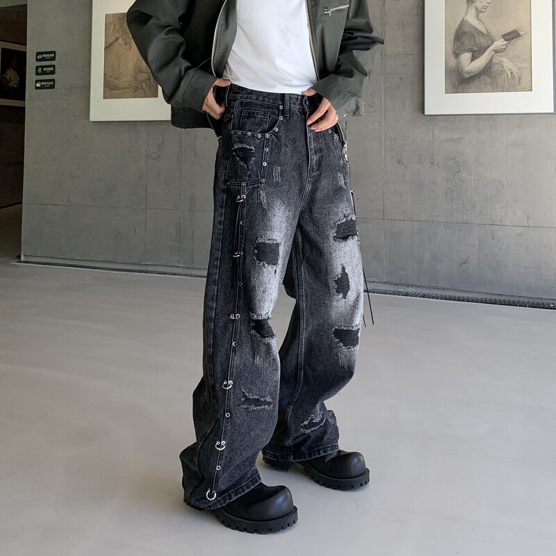 2026 New Trendy Brand Loose Straight Black Washed Graffiti Fake Ripped Jeans
