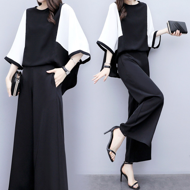 In the summer of 2023, the new plus-size women's clothing covers the belly and hides the meat. Two-piece suit temperament wide-leg pants casual fashion suit tide