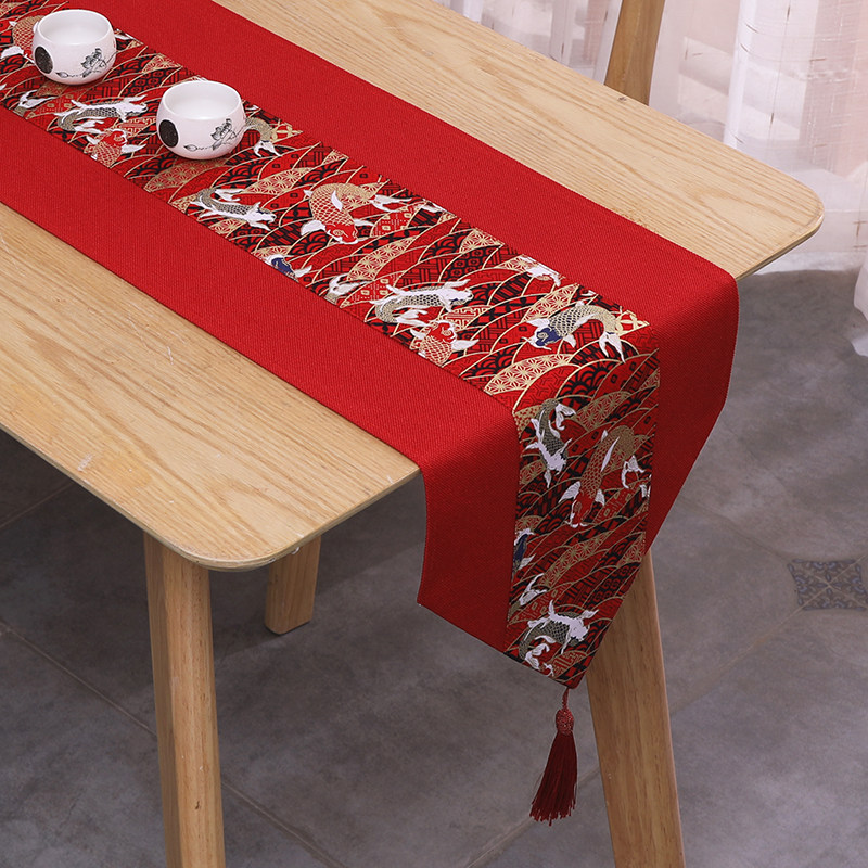 New Year's festive red table flag new Chinese wedding wedding long tea table tea table Zen cotton and linen cloth tea table