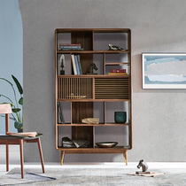 Nordic Full Solid Wood Book Room Bookcase Black Walnut Wood Shelve Bookcase Living-room Copper Strip Display of Dining Room Lockers