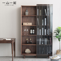 Nordic Solid Wood Bookcase Black Walnuts Wood Glass Moving Door Home Minimalist Modern Bookcase Shelf Living Room Display Case