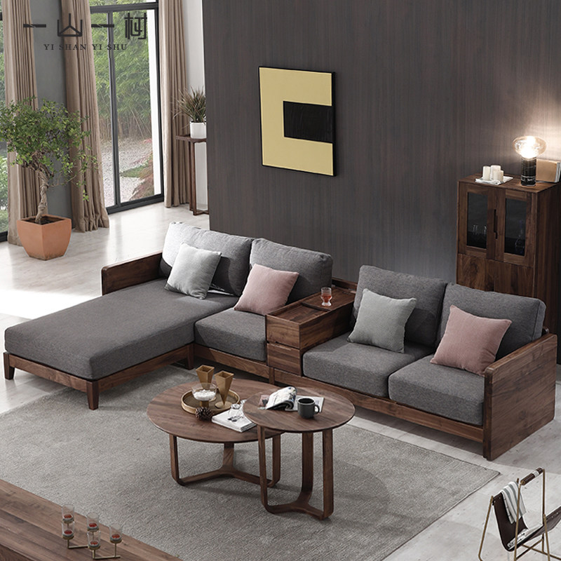 Nordic solid wood sofa black walnut modern three-person sofa living room new Chinese style fabric leather combination sofa