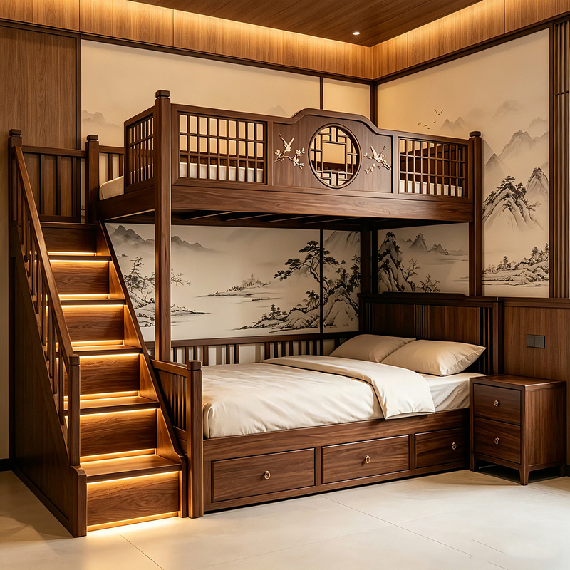 New Chinese-Style North American Black Walnut Bunk Bed with Storage, Song-Style Aesthetic Bedroom, Small Apartment Double Bed New Chinese-Style North American Black Walnut Bunk Bed with Storage, Song-Style Aesthetic Bedroom, Small Apartment Double Bed
