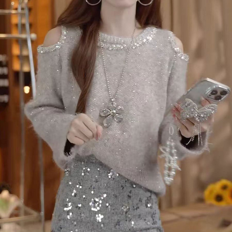 French-Style Heavy-Duty Rhinestone-Embellished Mohair Knit Top for Women, New Autumn and Winter Off-Shoulder Long-Sleeve Sweater with a High-End Feel