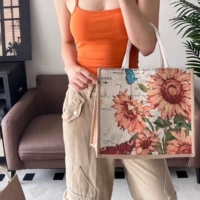 Большая горизонтальная версия [золотой подсолнух] с магнитной пряжкой, улучшенная хлопковая сумка.