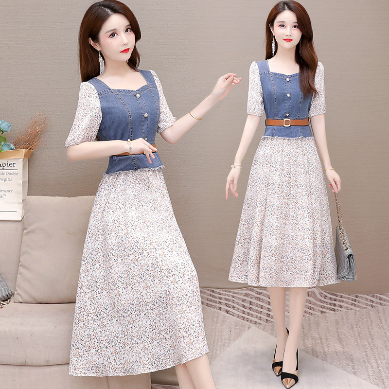 Floral dress suit summer women's 2021 new style slimming age-reducing denim jacket skirt one-piece two-piece suit