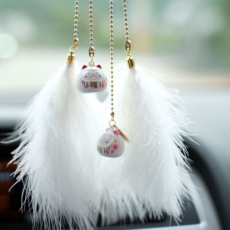 Fortune Cat Water Chime High-End Car Hanging Ornament Rearview Mirror Pendant Creative Feather Car Interior Pendant