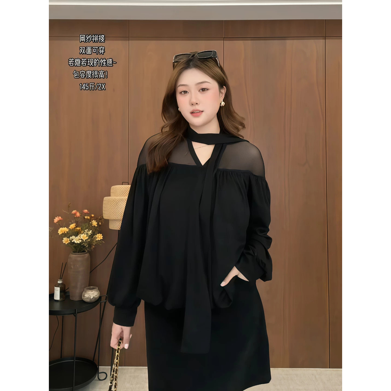 Plus-Size Korean-Style Mesh Patchwork Long-Sleeve Shirt for Slightly Chubby Women, Versatile Black Tie-Up Slimming and Stylish Top Plus-Size Korean-Style Mesh Patchwork Long-Sleeve Shirt for Slightly Chubby Women, Versatile Black Tie-Up Slimming and Stylish Top