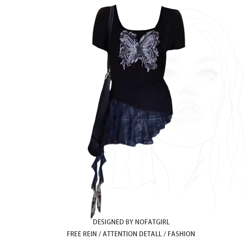 Plus-Size Sweet Girl Lace Trim Butterfly Embroidery Short-Sleeve T-Shirt for Women, Summer Irregular Ribbon Top