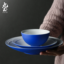Nine-earth handmade ceramic dinner plate Home rice bowls Dish Western Dining Refreshment Plate Creative Klein Blue Cutlery Food