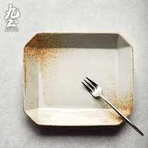 Nine-earth handmade retro dinner plate Japanese style rectangular flat pan minimalist Creative Ceramic Plate Dessert Dish Household Food