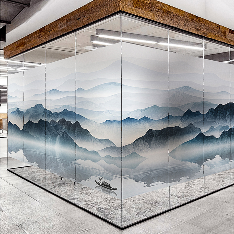 Oversized landscape painting office glass adhesive film light transmission opaque electrostatic frosted New Chinese no-glue sticker custom