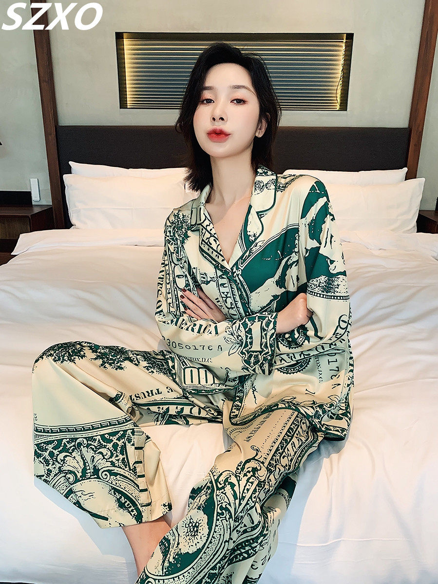 SZXO spring and summer couple pajamas women's ice silk loose personality European and American style thin silk men's large size home clothes