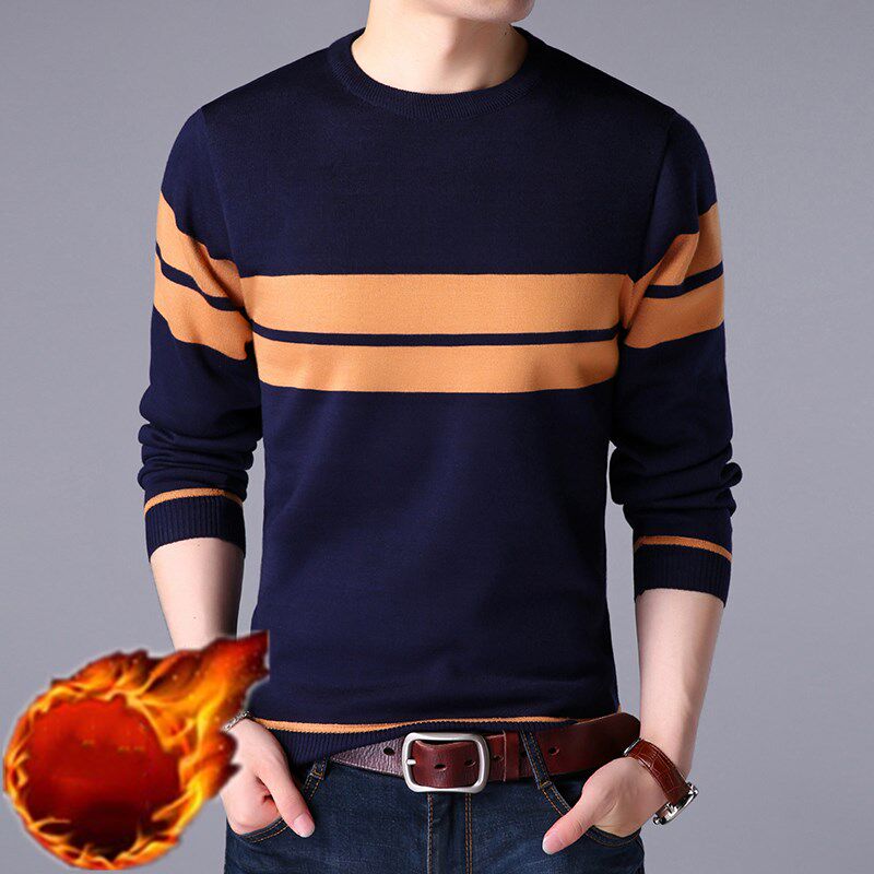 男士毛衣加绒2019秋冬季新款针织衫保暖修身男士商务休闲上衣男潮