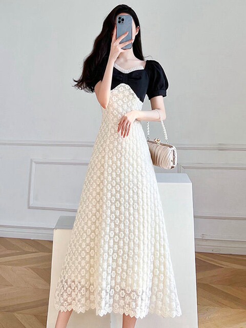 French Dress Women 2023 Summer New High Waist Slim Retro Niche Fashion Temperament Lace Pearl Dress