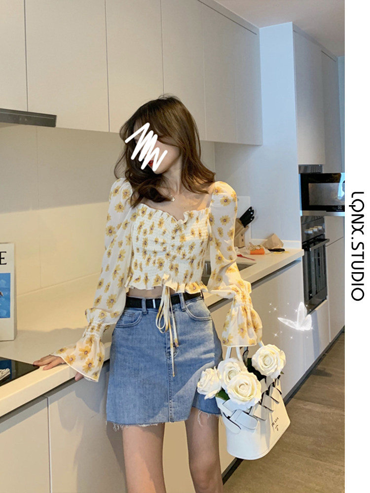 CROPPED SQUARE NECK FRENCH VINTAGE FLORAL TOP WOMENS SUMMER 2023 STRAIGHT SHOULDER SUNSCREEN SHIRT SLIM FIT CHIFFON TREND