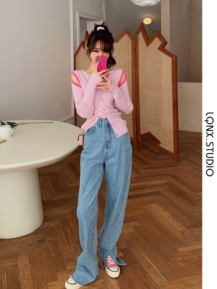 GENTLENESS VINTAGE CONTRAST OFF-THE-SHOULDER KNITWEAR WOMENS AUTUMN 2024 SLIMMING TOP V-NECK SCHEMING CROPPED CARDIGAN