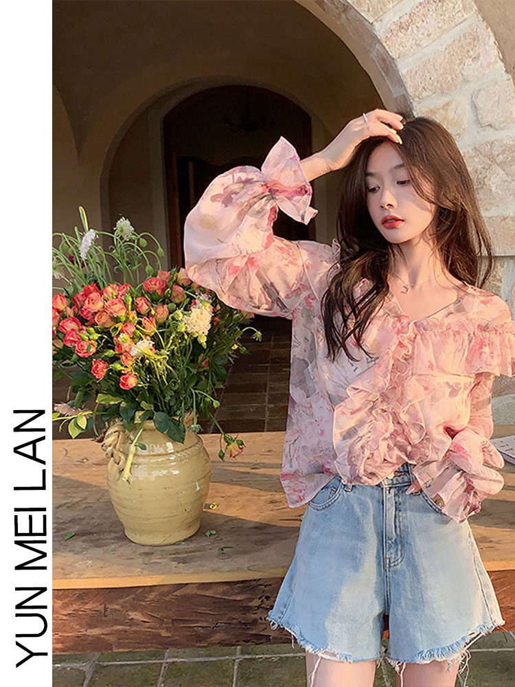 FRENCH VINTAGE FLORAL LONG-SLEEVED CHIFFON SHIRT WOMENS FALL 2024 NEW PATCHWORK RUFFLE THIN V-NECK SHIRT