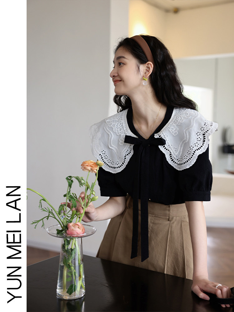 DESIGN SENSE NICHE SWEET CONTRAST LACE COLLAR TIE SHIRT WOMENS 2024 NEW SUMMER LOOSE CHIC SHIRT TIDE