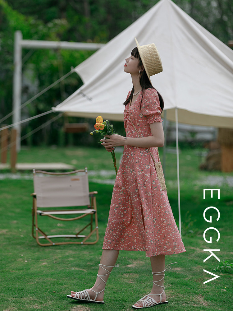 FRENCH PUFF SLEEVE FLORAL DRESS GODDESS FAN 2023 NEW SUMMER SMALL MAN SHORT SLEEVE SLIT MIDI SKIRT