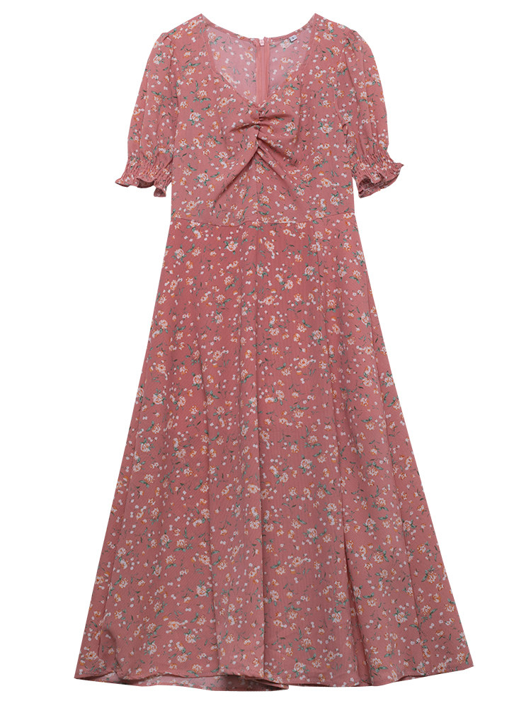 FRENCH PUFF SLEEVE FLORAL DRESS GODDESS FAN 2023 NEW SUMMER SMALL MAN SHORT SLEEVE SLIT MIDI SKIRT