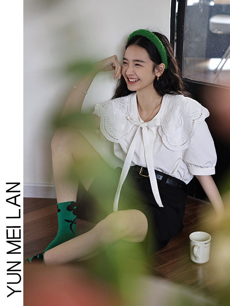 DESIGN SENSE NICHE SWEET CONTRAST LACE COLLAR TIE SHIRT WOMENS 2024 NEW SUMMER LOOSE CHIC SHIRT TIDE