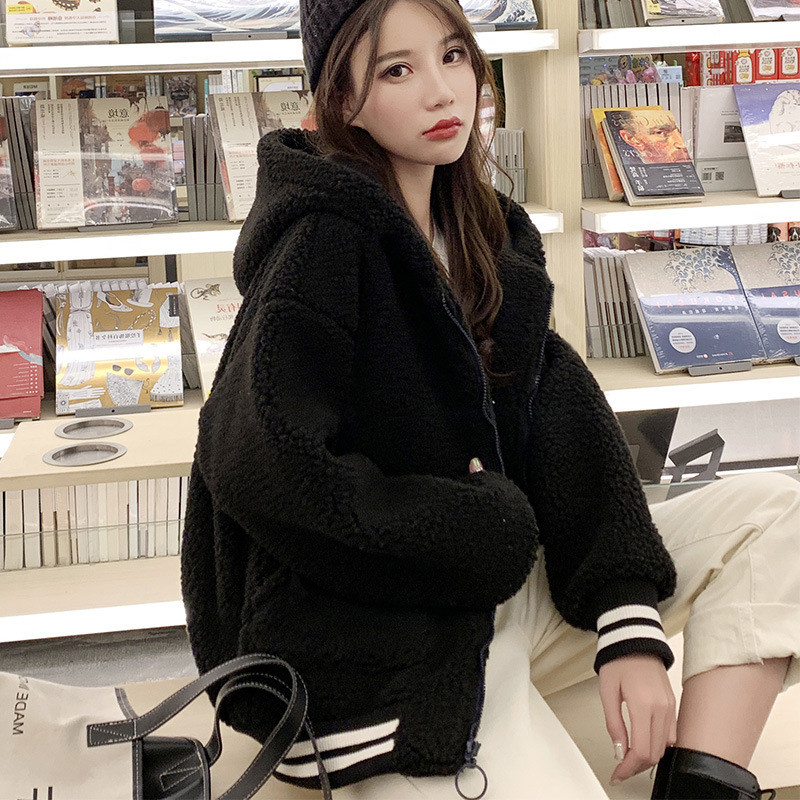 Cardiovert jacket jacket woman 2021 autumn winter new lamb suede pure color Korea BF loose 100 lap thick cotton T suede