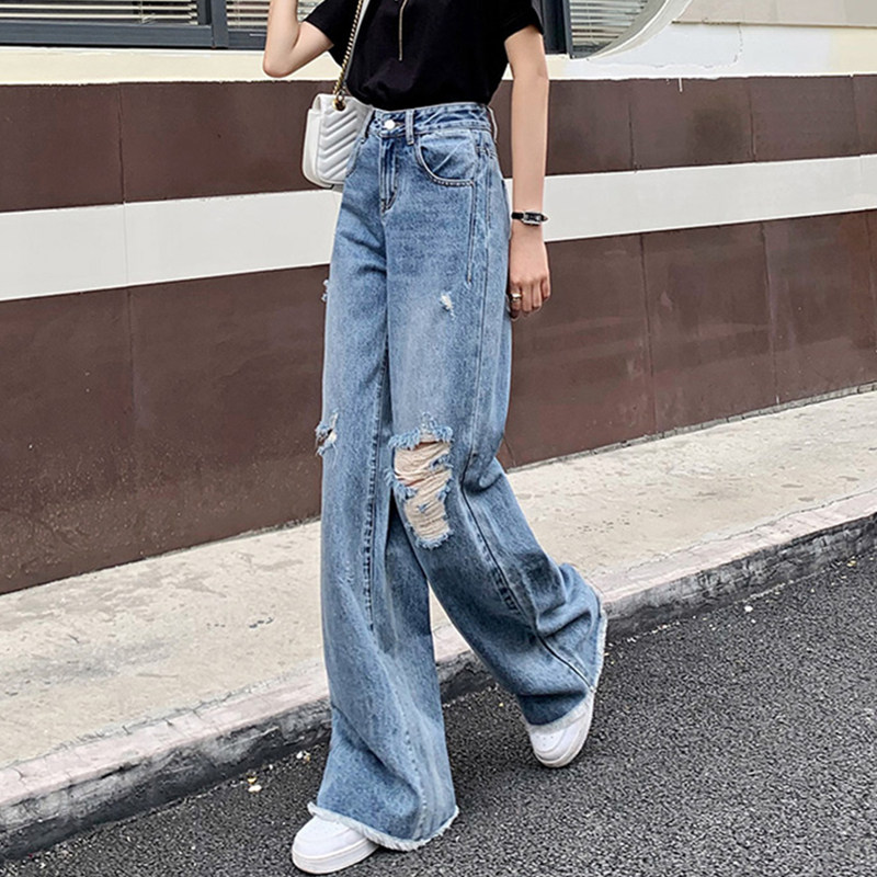 Broken Hole Jeans Woman 2021 Summer New Light Blue Pants High Waist Display Slim Trend Straight Barrel Loose Broadlegged Pants