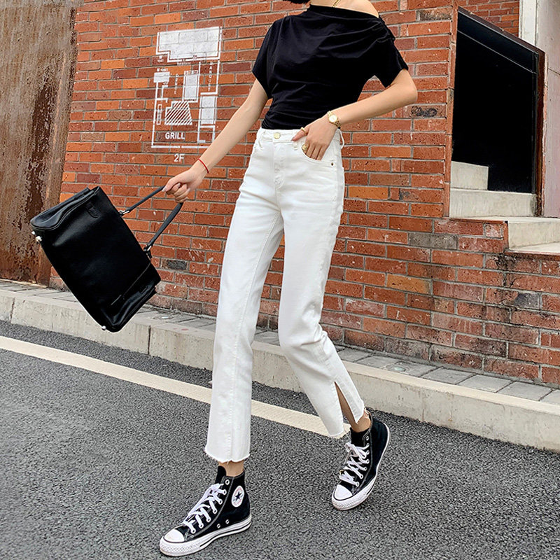 Jeans fork summer thin waist hair boundary elastic repair appearance thin straight tube white nine-minute smoke pants