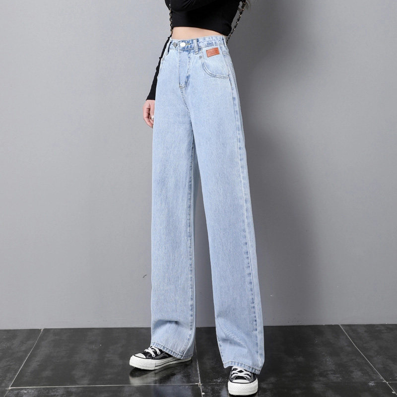 Jeans women's 2021 new adjustable high waist double button slimming all-match light-colored wide-leg trousers mopping pants