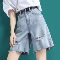 Broken Hole Cowboy Shorts Women 50% Pants Summer Big Code High Waist Drawing hair side wide-leg hot pants Fashion trendy trendy pants