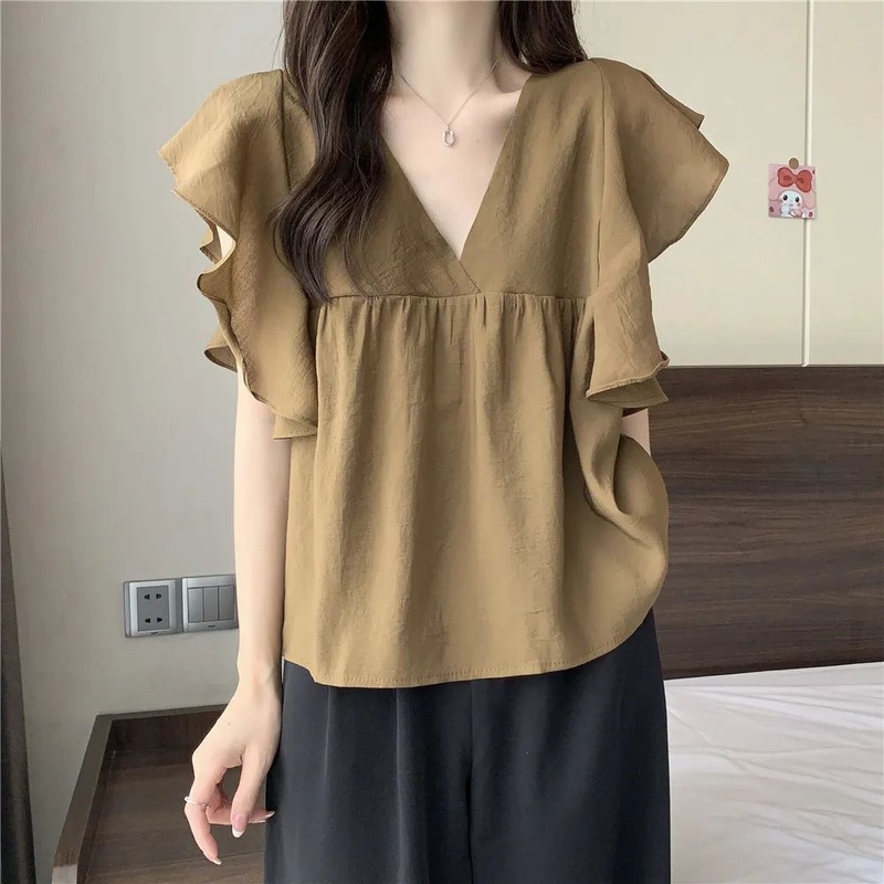 Chic and Beautiful Blouse 2026 Gentle Style Korean Sweet Ladies' Flutter Sleeve Shirt Top Summer V-Neck Shirt