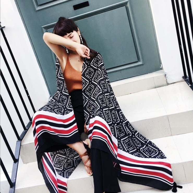 Scarf female summer sunscreen beach shawl beach towel seaside oversized dual-use gauze all-match silk scarf Bohemia