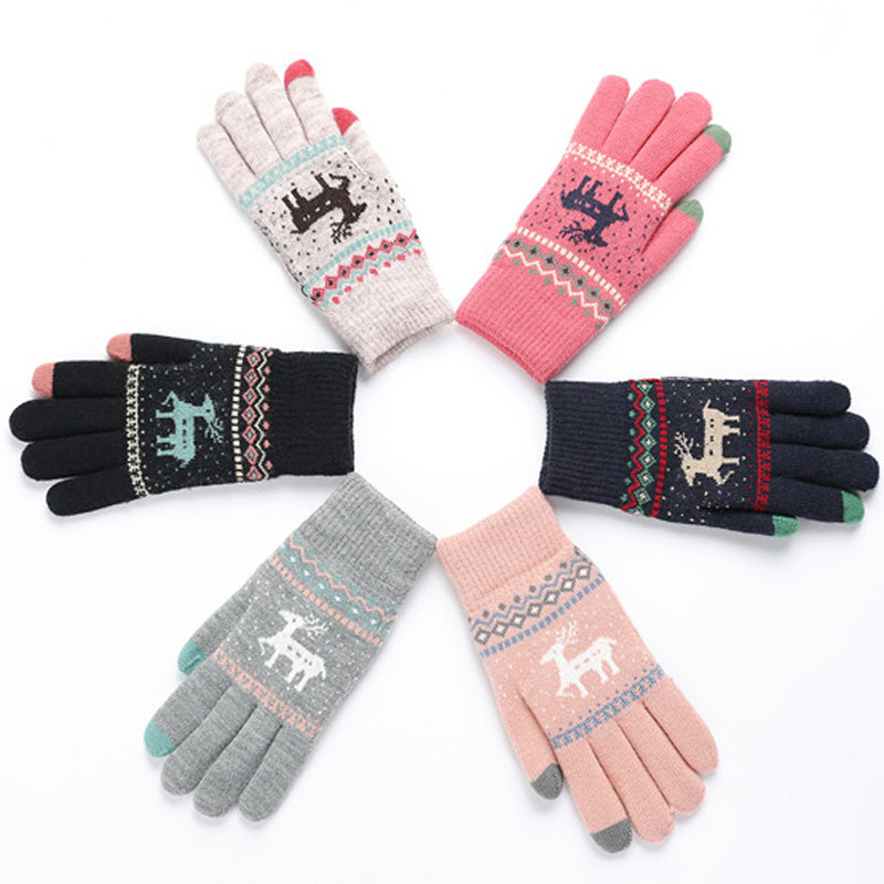 Gloves women's winter cute students winter warm plus velvet thick Korean version of the touch screen deer wool ladies winter riding
