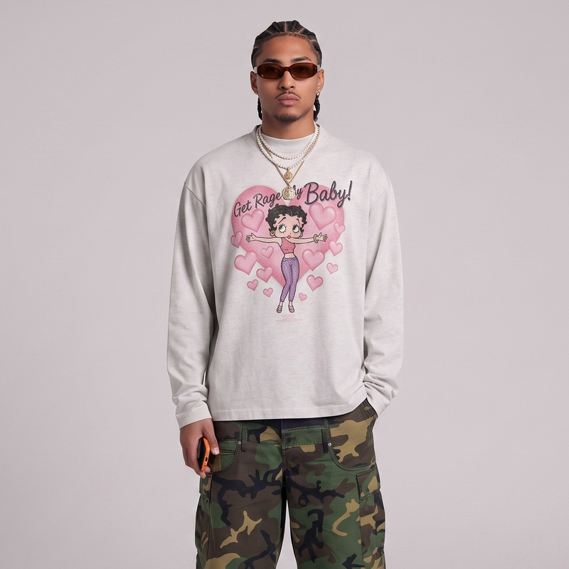 Ragecave 26 Autumn and Winter Vintage American Cartoon Print Betty Couple Pure Cotton Loose Long-Sleeved T-Shirt