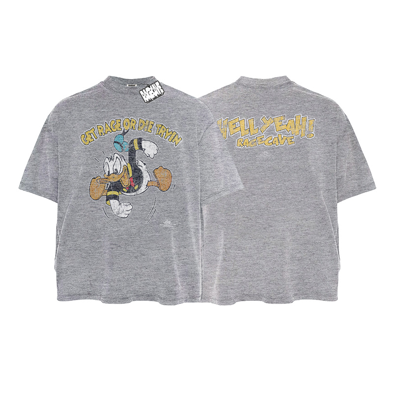 Ragecave Donald Duck American Cartoon Vintage Print Heavyweight National Trend Washed Pure Cotton T-Shirt Unisex Short Sleeve