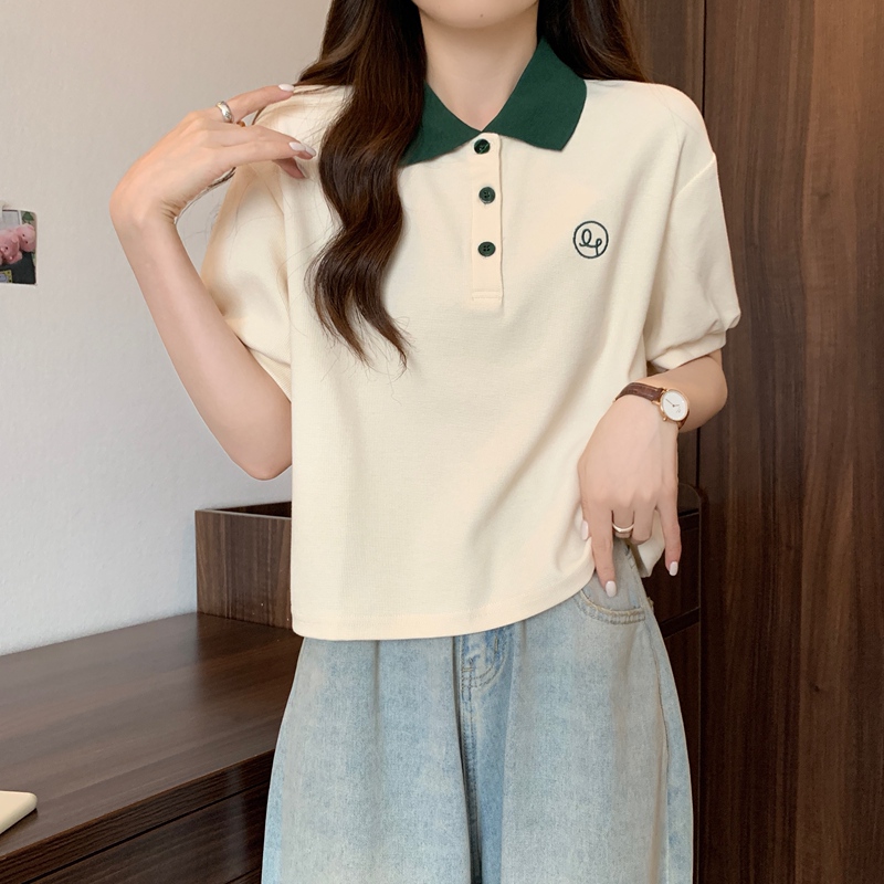 Little Cai~ Color-Blocked Waffle Texture Polo Short-Sleeve Loose Color-Blocked T-Shirt Devochak Plus-Size Women's Clothing