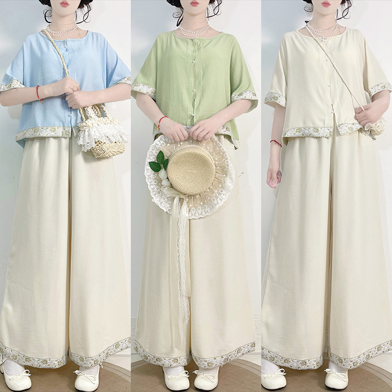 Han Palace Style Original Hanfu for Women, Summer Round Neck Lace Chinese Style Song Pants, Han Elements Daily Two-Piece Set