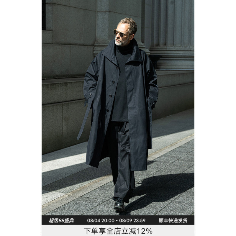 Oudavkyo Black High-End Minimalist Designer Casual Glossy Lace-Up Mid-Length Trench Coat for Men Oudavkyo Black High-End Minimalist Designer Casual Glossy Lace-Up Mid-Length Trench Coat for Men