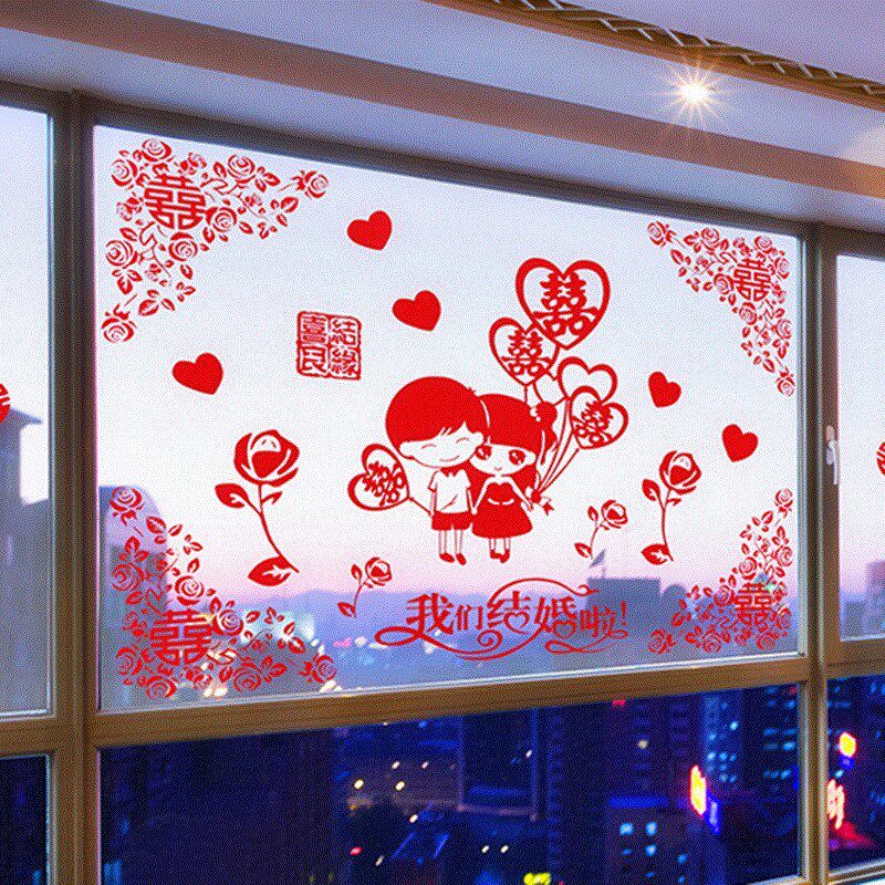 New happy word stickers wedding room decoration glass window flowers paper-cut scene stickers word wedding supplies window stickers