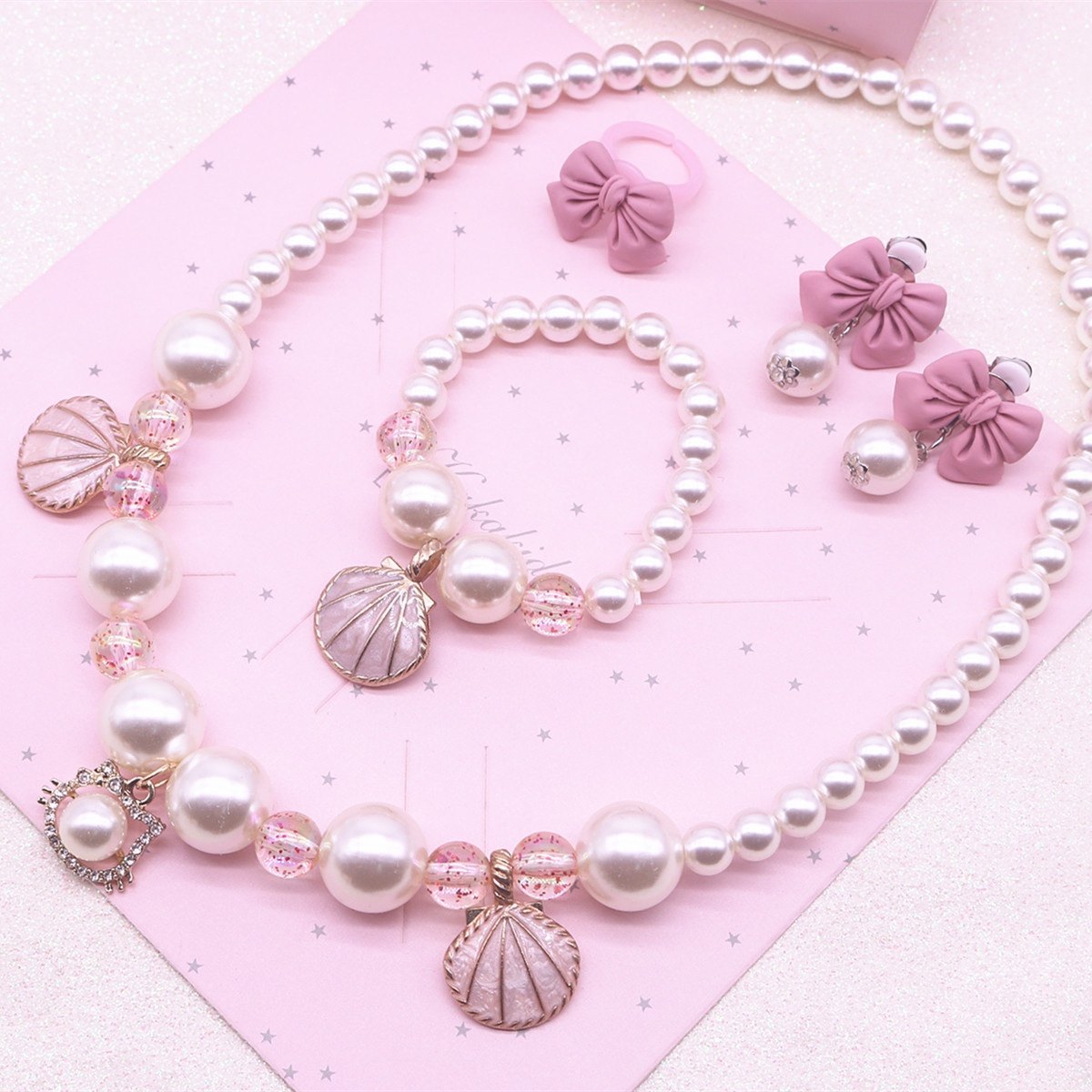 Han Edition New Children Princess Butterfly Knot Ear Clip Shell Imitation Pearl Necklace Suit Girl Pink Necklace Bracelet-Taobao