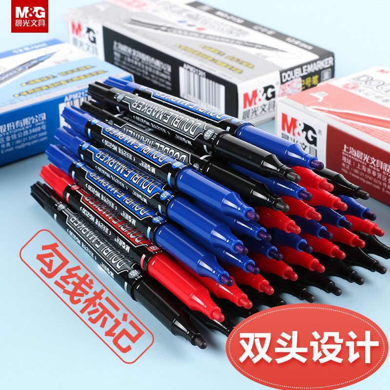 Morning light Small double heads Grease Pen Oily Water-based Black Fine Art Sketching thread pen children Painting special students with blue red office Supplies inks Quick dry waterproof without fade MG2130